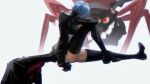  1girl aged_up arm_on_knee ayane_ichijou black_gloves black_jacket black_thighhighs blue_hair boots borrowed_clothes breasts bug collared_jacket commentary dress giant_insect gloves high_heel_boots high_heels highres impossible_clothes impossible_jacket jacket knee_up large_breasts long_sleeves looking_to_the_side mecha medium_hair microdress official_alternate_costume official_alternate_hairstyle oversized_clothes robot sansei_muramasa simple_background soukou_akki_muramasa spider thighhighs tzuki886544 untranslatable_commentary white_background white_dress zettai_ryouiki 