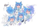  1girl :3 animal_ears blue_hair blue_sclera blush blush_stickers brooch cat_ears cat_girl cat_tail chibi chibi_only colored_sclera commentary_request cup food full_body hair_bun hololive hoshimachi_suisei hoshimachi_suisei_(sailor) jewelry kemonomimi_mode long_hair long_sidelocks meat motion_lines mug multiple_views neck_ribbon pillow playing ribbon sailor_collar sakuyat_illust sidelocks simple_background single_side_bun sleeping sound_effects spill star_(symbol) star_in_eye symbol_in_eye tail toilet_paper translation_request white_background 