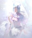  1boy absurdres blue_horns circlet closed_mouth commentary cowboy_shot curtains dragon_boy dragon_horns echeros_(infinity_nikki) english_commentary expressionless feathered_wings feathers floating_hair grey_hair grey_skirt grey_wings guang_quan halo hand_on_own_chest highres horns infinity_nikki infinity_symbol light_particles long_hair long_skirt long_sleeves low_wings male_focus nikki_(series) pectorals pink_eyes pointy_ears purple_ribbon purple_shrug ribbon see-through_horns shrug_(clothing) sitting skirt solo striped_clothes striped_skirt tight_clothes vertical-striped_clothes vertical-striped_skirt very_long_hair white_background wide_sleeves wings 