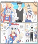  1boy 1girl 2girls ahoge animal_ears belt black_hair blue_eyes blue_hairband blue_jacket blue_sports_bra blush bow brooch doli_palta ear_bow ear_covers ear_ornament fingerless_gloves gloves grey_hair grey_tail hair_between_eyes hair_ornament hairband headband highres horse_ears horse_girl horse_tail jacket jewelry lightning_bolt_symbol long_hair long_sleeves multicolored_hair multicolored_hairband multiple_girls muscular muscular_male navel oguri_cap_(starlight_beat)_(umamusume) oguri_cap_(umamusume) open_mouth pants pantyhose red_belt red_headband sailor_collar shirt skirt solo sports_bra star_brooch striped_clothes striped_hairband tail tamamo_cross_(fast_as_lightning)_(umamusume) tamamo_cross_(umamusume) trainer_(umamusume) two-tone_hairband umamusume very_long_hair white_pants yellow_eyes 
