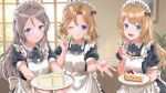  3girls alternate_costume apron black_dress blonde_hair blue_eyes cake cake_slice commentary_request cucumber_sandwich dress enmaided food fork frilled_apron frills grey_hair janus_(kancolle) javelin_(kancolle) jervis_(kancolle) kantai_collection loose_hair_strand macaron maid maid_headdress mikeneko_2828 multiple_girls one_eye_closed sandwich short_hair smile tray white_apron window 