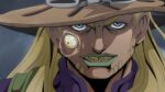  1boy araki_hirohiko_(style) beard blonde_hair blue_eyes brown_hat cloud cloudy_sky comic_panel_redraw commentary cowboy_hat derivative_work english_commentary eyeball facial_hair goggles goggles_on_headwear gold_teeth green_lips grills grin gyro_zeppeli hat high_collar highres jojo_no_kimyou_na_bouken jojomelhoranim long_hair makeup male_focus night purple_shirt shirt sky smile solo steel_ball_run 