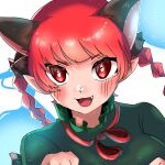  1girl :3 :d animal_ears black_bow bow braid cat_ears cat_tail dress extra_ears fang green_dress hair_bow kaenbyou_rin kashiwara_mana multiple_tails paw_pose pointy_ears red_eyes red_hair smile solo tail touhou twin_braids 