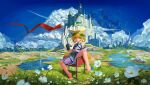  1girl animal_ears aqua_hairband architecture arknights barefoot bird blue_butterfly blue_hairband blue_sky braid braided_hair_rings bug building butterfly castle chair chinese_commentary cloud cloudy_sky commentary_request cross-laced_clothes cross-laced_skirt cup day dome flag floating_rock flower fox_ears fox_girl fox_tail full_body gbm_baijing giant_skeleton grass grasslands green_eyes hair_ornament hair_rings hairband highres hill holding holding_saucer house infection_monitor_(arknights) lake landscape leaf leaf_hair_ornament looking_at_viewer material_growth mountain mountainous_horizon multiple_tails nature observatory_dome on_chair oripathy_lesion_(arknights) outdoors planet planetary_destruction red_flag river rock saucer scenery sitting skirt sky snow solo spire suzuran_(arknights) sword tail teacup toes tower tree water weapon white_flower 