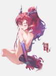  1boy absurdres arknights ass colored_extremities completely_nude deergatelf dragon_boy dragon_horns dragon_tail from_behind highres horns jade_bracelet jewelry long_hair looking_at_viewer male_focus multicolored_hair nude pointy_ears ponytail red_hair simple_background smile solo tail yu_(arknights) 