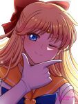  1girl aino_minako bishoujo_senshi_sailor_moon blonde_hair blue_eyes bow choker commentary earrings elbow_gloves gloves highres jaijaichan_art jewelry long_hair one_eye_closed orange_choker orange_sailor_collar orange_skirt red_bow sailor_collar sailor_senshi sailor_senshi_uniform sailor_venus simple_background skirt smile solo white_background white_gloves 