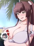  2girls bare_arms bare_shoulders bikini blush breasts brown_eyes brown_hair cleavage collarbone day hair_between_eyes kantai_collection large_breasts long_hair multiple_girls nikku_(nzaf5832) open_mouth palm_leaf palm_tree ponytail smile solo_focus swimsuit tree upper_body very_long_hair white_bikini yahagi_(kancolle) yamato_(kancolle) yamato_kai_ni_(kancolle) 