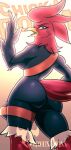  anthro avian beak big_butt bird breasts butt digital_media_(artwork) english_text feathers female hi_res looking_at_viewer looking_back looking_back_at_viewer neosavias red_body red_feathers text 