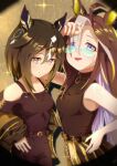  2girls absurdres ahoge animal_ears bare_shoulders belt black_belt black_hair black_jacket black_shirt black_shorts blue_eyes blush breasts brown_eyes brown_hair closed_mouth collarbone commentary_request dream_journey_(umamusume) ear_covers eyewear_strap glasses gold_necklace hair_between_eyes highres horse_ears horse_girl horse_tail jacket jacket_partially_removed jewelry long_hair long_sleeves looking_at_viewer multicolored_hair multiple_girls necklace official_alternate_costume open_clothes open_jacket open_mouth overskirt shirt shorts sleeveless sleeveless_shirt small_breasts smile stay_gold_(umamusume) streaked_hair tail thenekrock umamusume white_hair yellow_nails 