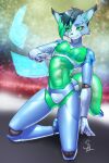 anthro green_body green_eyes hi_res joints kneeling looking_at_viewer machine male nariikhan nude robot robot_anthro solo translucent translucent_body