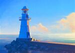  1girl backpack bag beach black_hair cloud commentary_request denim door evening highres jacket jeans ladder lighthouse looking_afar ocean original outdoors pants pier railing rock sand scenery shoes short_hair sitting sky solo spotlight sunset syanisu water white_jacket 