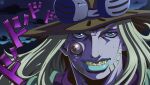  1boy absurdres araki_hirohiko_(style) beard blonde_hair blue_eyes brown_hat comic_panel_redraw commentary cowboy_hat derivative_work english_commentary eyeball facial_hair goggles goggles_on_headwear gold_teeth green_lips grills grin gyro_zeppeli hat high_collar highres jojo_no_kimyou_na_bouken kingnothingblue long_hair makeup male_focus menacing_(jojo) night purple_shirt shirt smile solo steel_ball_run 
