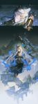  1girl absurdres animal_ear_fluff animal_ears arknights bell blue_cloak blue_shawl braid bright_pupils brown_shoes chinese_commentary cloak commentary_request eryou glint grey_eyes highres holding holding_bell incredibly_absurdres interlocked_fingers jewelry long_hair medallion mountain multiple_views necklace official_alternate_costume outdoors own_hands_together pouch pramanix_(arknights) pramanix_the_prerita_(arknights) praying shawl shoes snow_leopard_ears snow_leopard_girl snowflakes snowing tiara twin_braids twintails very_long_hair white_hair 