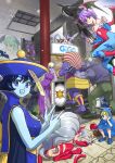  3boys 6+girls :q ;q alternate_color ancient_egyptian animal_ears animal_feet animal_hands animal_print antenna_hair apple apron arthropod_girl b.b._hood bandages bare_shoulders basket bat_(animal) bat_print bat_wings bee_girl belt bishamon_(darkstalkers) black_belt black_coat black_gloves black_jacket black_pants black_shoes blonde_hair blue_capelet blue_dress blue_eyes blue_hair blue_pantyhose blue_shoes blue_skin blue_sleeves bolt_(hardware) bomb boots bracelet breasts building capelet cat_ears cat_girl cat_paws cat_tail china_dress chinese_clothes city cleavage_cutout closed_mouth clothing_cutout coat colored_skin comedic_sweatdrop commentary_request copyright_name crack darkstalkers day demitri_maximoff demon_boy demon_girl detached_sleeves dress explosive felicia_(darkstalkers) feral_instincts fingerless_gloves flat_chest flying flying_sweatdrops food fruit gigo gloves green_pants green_shoes grey_hair grey_skin hand_in_pocket hat head_wings high_heels highres holding holding_basket holding_bomb hood hood_up hooded_capelet hsien-ko index_finger_raised insect_wings jacket jedah_dohma jewelry jon_talbain leotard lit_fuse long_hair looking_at_viewer looking_to_the_side lord_raptor medium_breasts midnight_bliss morrigan_aensland mouse_(animal) multiple_boys multiple_girls muscular muscular_male object_through_head ofuda ofuda_on_head one_eye_closed open_mouth outdoors pants pantyhose picnic_basket ponytail print_pantyhose purple_capelet purple_dress purple_eyes purple_hair purple_shoes purple_skin pushing qingdai_guanmao red_boots red_eyes red_leotard revealing_clothes rf-yuki rikuo_(darkstalkers) sasquatch_(darkstalkers) screw_in_head shoes short_hair sign sleeveless sleeveless_dress sleeveless_jacket smile squatting stairs standing stinger stitched_arm stitches stomach_cutout strapless strapless_leotard suitcase tail tongue tongue_out vampire_savior:_the_lord_of_vampire very_long_hair walking white_apron white_shoes wings 
