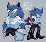  2boys artist_name black_fur black_pants black_suit blue_fur crossed_arms english_commentary fangs furry furry_male gareki_sh gloves grin hand_on_own_hip hedgehog_boy looking_at_viewer male_focus multicolored_hair multiple_boys multiple_views pants partially_unbuttoned shadow_the_hedgehog shirt smile sonic_(series) sonic_the_hedgehog sonic_the_werehog streaked_hair suit watermark white_gloves white_shirt 