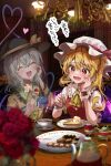  2girls ascot bangs black_headwear blonde_hair blush bow buttons cake cake_slice chandelier closed_eyes collar commentary_request cup diamond_button flandre_scarlet flower flower_pot food fork frilled_collar frilled_sleeves frills fujiwara_aoi furrowed_brow green_hair hand_on_own_face hat hat_ribbon heart heart_of_string highres holding holding_fork invisible komeiji_koishi long_sleeves mob_cap multiple_girls open_mouth plate puffy_short_sleeves puffy_sleeves red_bow red_eyes red_ribbon red_vest ribbon rose saucer shirt short_sleeves speech_bubble strawberry_shortcake sweatdrop table teacup teapot touhou vest white_headwear wide_sleeves wings wrist_cuffs yellow_ascot yellow_shirt 