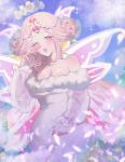  1girl 5ztuvv bare_shoulders beads blue_flower blue_rose blue_sky blush breasts bright_pupils bush butterfly_wings circle cleavage cloud cloudy_sky collarbone colored_skin cookie_run cookie_run:_kingdom cowboy_shot day dress english_commentary eternal_sugar_cookie eyelashes fingernails flower fur-trimmed_sleeves fur_trim gem hair_flower hair_ornament hand_up heart-shaped_gem highres humanization insect_wings large_breasts leaf leaf_hair_ornament long_fingernails long_hair long_sleeves looking_at_viewer nail_polish off-shoulder_dress off_shoulder one_eye_closed open_mouth outdoors pearl_(gemstone) petals pink_eyes pink_gem pink_hair pink_nails pink_skin puffy_long_sleeves puffy_sleeves purple_flower rose sidelocks sky solo sparkle standing strapless strapless_dress teeth tongue very_long_hair white_dress white_pupils wings yellow_flower yellow_rose 