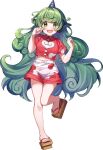  1girl artist_request brown_sandals cloud_print curly_hair game_asset geta green_eyes green_hair horns kariyushi_shirt komainu_girl komano_aunn leg_up long_hair midriff navel non-web_source official_art open_mouth paw_pose red_shirt sandals self-datamine shirt shorts simple_background single_horn smile solo toes touhou touhou_arcadia_record transparent_background white_shorts 