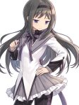  1girl akemi_homura akemi_homura_(magical_girl) argyle_clothes argyle_pantyhose black_hair black_hairband black_pantyhose closed_mouth commentary frilled_skirt frills hairband hand_on_own_hip highres long_hair looking_to_the_side magical_girl mahou_shoujo_madoka_magica mahou_shoujo_madoka_magica_(anime) pantyhose purigetsu purple_eyes purple_skirt simple_background skirt solo twitter_username untranslatable_commentary white_background 