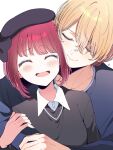  1boy 1girl arima_kana beret black_shirt blonde_hair blunt_bangs blush closed_eyes facing_viewer hair_over_one_eye hands_on_another's_arm hat highres hoshino_aquamarine hug hug_from_behind open_mouth oshi_no_ko red_hair risdelusions shirt short_hair simple_background upper_body white_background 