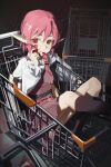  1girl absurdres animal_ears bird_ears black_socks brown_dress chinese_commentary commentary_request dirty dirty_clothes dirty_face dress highres juice looking_at_viewer mystia_lorelei red_eyes shopping_cart short_hair socks solo tomato_juice touhou xiaoguai_swg 