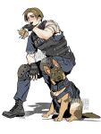  1boy bandaged_arm bandages black_gloves black_vest blood blood_on_bandages blue_eyes blue_shirt brown_hair commentary_request commission dog fingerless_gloves food full_body gloves grin highres holding holding_food holding_sandwich k9_(dog) knee_pads leon_s._kennedy liizi_lc looking_at_viewer male_focus police police_uniform resident_evil resident_evil_2 resident_evil_2_(remake) sandwich shirt short_hair smile solo squatting vest walkie-talkie 