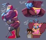ambiguous_gender ant antennae_(anatomy) anthro arthropod bat big_ears big_nose blush blush_lines bodily_fluids boots bottomwear boxers_(clothing) brown_body brown_fur brown_hair bulge butt carameltsi chair claws clothed clothing clothing_lift colored curly_hair dialogue duo elbow_pads exoskeleton female footwear freckles fur furniture genital_fluids genitals hair hands_behind_head hi_res hymenopteran insect knee_pads la_reina_(rivals_of_aether) lucha_libre_mask mammal mandibles mask motion_lines on_chair on_lap rear_view rivals_of_aether sequence shaded shaking shirt shoes simple_background sitting sitting_on_another sitting_on_chair sitting_on_lap spanish_text speech_bubble sports_mask sportswear squish sweat tank_top text ti-ti topwear trembling underwear vaginal_fluids vulva wearing_mask wet wet_clothing wide_eyed wrestler wrestling_mask