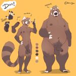  2022 absurd_res ailurid anthro balls bear brown_body brown_fur brown_hair brown_nipples english_text feet foreskin fur fur_markings genitals hair hi_res humanoid_genitalia humanoid_penis looking_at_viewer male mammal markings minedoo minedoo_(character) model_sheet nipples overweight overweight_male penis red_panda simple_background text white_body white_fur yellow_background 