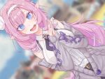  1girl blue_eyes blurry blurry_background breasts chinese_commentary commentary_request elysia_(golden_courtyard)_(honkai_impact) elysia_(honkai_impact) grey_sweater hairband honkai_(series) honkai_impact_3rd large_breasts long_hair looking_at_viewer official_alternate_costume open_mouth own_hands_together pink_hair shirt smile solo sweater textless_version very_long_hair white_hairband white_shirt zieeal 