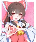  1girl :d absurdres ascot blush bow breasts brown_hair commentary detached_sleeves four-finger_heart_hands frilled_bow frilled_hair_tubes frills hair_bow hair_tubes hakurei_reimu heart heart_hands highres long_hair looking_at_viewer red_bow red_eyes ribbon-trimmed_sleeves ribbon_trim smile solo touhou upper_body urauraurau16439 yellow_ascot 