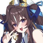  1girl animal_ears beret blue_nails blue_ribbon blush brown_hair commentary_request ear_covers hair_between_eyes hat highres horse_ears horse_girl long_hair looking_at_viewer mole mole_under_eye multicolored_hair open_mouth portrait purple_eyes ribbon sailor_collar shirt simple_background single_ear_cover sleeveless sleeveless_shirt smile solo streaked_hair tuomali twintails umamusume v vivlos_(umamusume) vivlos_(voyage_etincelant)_(umamusume) white_background white_hat white_sailor_collar white_shirt 