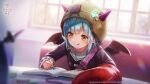  1girl backlighting black_neckerchief black_shirt blue_hair blunt_bangs blurry blurry_background book bungo_yayoi buttons copyright_name copyright_notice crab_claw day demon_wings diamond-shaped_pupils diamond_(shape) double-breasted drawing_(action) eyelashes eyes_visible_through_hair fake_horns fake_pincers fake_wings hair_between_eyes heaven_burns_red helmet highres horned_helmet horns indoors light_particles long_sleeves looking_down medium_hair neckerchief official_art official_wallpaper open_book ribbon-trimmed_sleeves ribbon_trim sailor_collar shirt sitting solo straight_hair symbol-shaped_pupils tareme upper_body v-shaped_eyebrows white_sailor_collar window wings yellow_eyes 