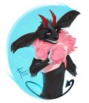  2018 anthro black_body black_ears black_fur black_inner_ear black_nose black_tail dated famir_(artist) front_view fur grin half-length_portrait hi_res horn looking_at_viewer male navel portrait red_eyes red_horn sharp_teeth signature simple_background smile solo spade_tail teeth 