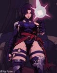  1girl butterfly_cutout butterfly_ornament commentary halter_leotard halterneck highleg highleg_leotard highres leotard marvel marvel_rivals psylocke psytonyx purple_leotard sash solo superhero_costume thick_thighs thighs waist_sash x-men 