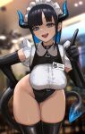  1girl :d absurdres black_choker black_gloves black_hair black_thighhighs blue_eyes blue_hair breasts choker colored_inner_hair commentary_request demon_girl demon_horns demon_tail elbow_gloves gloves hand_on_own_hip highleg highleg_leotard highres horns leaning_forward leotard maid maid_headdress medium_breasts multicolored_hair name_tag original short_hair smile solo standing sunao_(70_the) tail teeth thighhighs two-tone_hair upper_teeth_only 