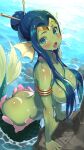  1girl absurdres arm_support armlet ass blue_eyes blue_hair blush breasts circlet cleavage colored_skin convenient_censoring convenient_hair day fangs fins green_eyes green_skin hair_bun hair_ornament hair_over_breasts hair_stick head_fins highres jewelry large_breasts life_is_pi long_hair looking_at_viewer merfolk mermaid monster_girl nude ocean open_mouth outdoors partially_submerged pink_nails rock scales shantae shantae_(series) sharp_teeth shiny_skin sidelocks single_hair_bun solo teeth tongue wading water webbed_hands wet wet_hair 