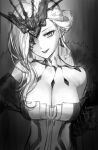  1girl argyle breasts cleavage commentary dot_nose eyepatch forehead fur_coat genshin_impact greyscale grin hair_ornament hair_over_shoulder head_tilt highres large_breasts long_hair looking_at_viewer monegi monochrome off_shoulder signora_(genshin_impact) simple_background smile solo upper_body 