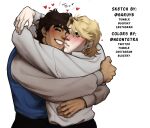 2boys artist_collaboration birthmark blonde_hair blush brown_hair closed_eyes closed_mouth commentary dio_brando ear_birthmark english_commentary eyelashes garuye grin highres hug inseki jojo_no_kimyou_na_bouken jonathan_joestar lips male_focus multiple_boys ne0ntetra pale_skin phantom_blood shirt short_hair smile teeth upper_body vest 