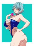  1girl aqua_hair ass bare_shoulders blue_leotard blush breasts cleavage condom condom_wrapper cross-laced_clothes dead_or_alive dead_or_alive_xtreme green_eyes highleg highleg_leotard highres large_breasts leotard looking_at_viewer navel pussy_juice short_hair solo tamaki_(doa) tawashi1623 thighs 
