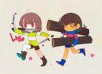  2girls bandage_on_eyes bangs blue_footwear blue_shirt blue_shorts boots brown_footwear brown_hair brown_shorts chara_(undertale) closed_eyes frisk_(undertale) green_shirt holding holding_knife knife log long_sleeves mouth_hold multiple_girls red_eyes running shirt short_hair shorts simple_background soseji_(tjduswjd) star_(symbol) striped striped_shirt undertale white_background 