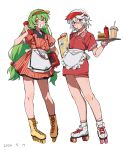  2girls apron burger collared_shirt cup disposable_cup drinking_straw fang food green_hair highres holding holding_menu holding_phone holding_tray ketchup_bottle kufufu_kekerakera long_hair looking_at_viewer menu menu_board multiple_girls parted_lips phone red_eyes red_shirt red_skirt roller_skates shirt short_hair shy_(character) shy_(series) simple_background skates skirt takatisakana tray very_long_hair waitress white_apron white_background white_hair yellow_eyes 