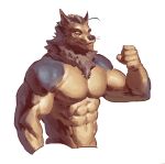 2023 5_fingers abs anthro biceps big_muscles black_body brown_body brown_countershading brown_eyebrows brown_eyes brown_fur canid countershade_arms countershade_torso countershading digital_drawing_(artwork) digital_media_(artwork) eyebrows fingers fist front_view fur half-length_portrait kingarthur_i looking_aside male mammal mouth_closed muscular muscular_anthro muscular_male neck_tuft nipples nude nude_anthro nude_male pecs portrait pupils simple_background snout solo tuft whiskers white_background white_sclera