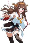  1girl absurdres ahoge bare_shoulders black_eyes boots brown_hair commentary_request detached_sleeves double_bun hair_bun headgear highres japanese_clothes kantai_collection kongou_(kancolle) long_hair motti_(motthi0711) nontraditional_miko open_mouth ribbon-trimmed_sleeves ribbon_trim solo thigh_boots 