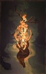  1girl absurdres anato_finnstark antlers barefoot burning completely_nude curled_up floating highres nude orange_theme original signature skeleton solo 