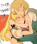  2girls blonde_hair closed_eyes closed_mouth commentary dress green_dress grey_hair grin hairband heanna_sumire highres hug lap_pillow long_hair love_live! love_live!_superstar!! monchin multicolored_hair multiple_girls one_eye_closed pinafore_dress purple_streaks red_hairband school_uniform shirt sleeveless sleeveless_dress smile streaked_hair tang_keke translation_request untranslatable_commentary white_shirt yellow_eyes yuigaoka_school_uniform yuri 