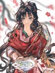  1girl absurdres black_hair blue_eyes blurry blurry_background bowl branch chinese_clothes chinese_commentary chinese_paper-cut closed_mouth commentary_request hair_bun hanfu hat_on_back highres holding holding_bowl jian_(weapon) long_hair looking_at_viewer mole mole_above_eye paper_heron papercutting red_hanfu reverse:1999 smile solo songshanjian upper_body watermark weapon weapon_on_back weibo_watermark weimao white_background 