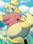  animal_crossing anthro big_breasts big_butt bottomwear breasts butt canid canine canis clothing colored digital_media_(artwork) domestic_dog female fur hi_res huge_butt isabelle_(animal_crossing) mammal neosavias nintendo shih_tzu skirt toy_dog video_games yellow_body yellow_fur 
