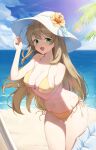  1girl :d absurdres bangs beach bikini blue_archive blue_sky blush breast_hold breasts brown_hair cleavage cloud collarbone cowboy_shot day flower green_eyes hat hat_flower highres horizon large_breasts leaning_forward light_brown_hair long_hair looking_at_viewer navel nonomi_(blue_archive) ocean open_mouth outdoors palm_tree pengin sand sky smile solo stomach string_bikini sun_hat swimsuit thighs tree water wet yellow_bikini 