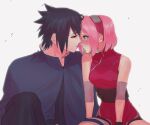  1boy 1girl absurdres bare_shoulders black_cape black_hair black_pants blush breasts cape dress green_eyes hairband haruno_sakura hetero highres imminent_kiss looking_at_another medium_breasts naruto_(series) naruto_shippuuden pants parted_bangs pink_hair red_dress red_hairband short_hair sna9_104 spiked_hair uchiha_sasuke upper_body white_background 