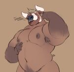  2021 absurd_res anthro armpit_hair belly biceps big_belly black_nose blonde_hair body_hair bovid bovine brown_body brown_fur cattle fur hair hi_res horn looking_pleasured male mammal minedoo minedoo_(character) musclegut muscular muscular_anthro muscular_male nipples pecs simple_background smile solo text 